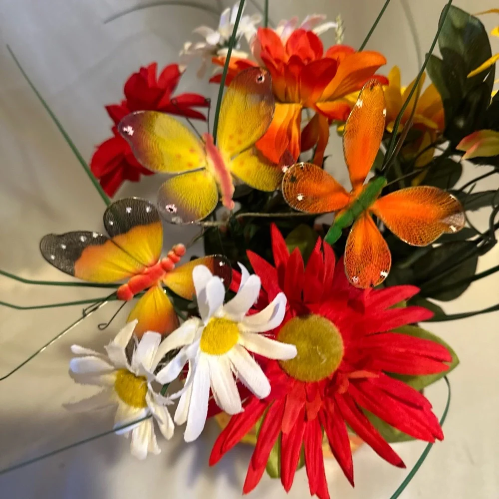 Daisy Floral Arrangement in Mosaic Ceramic Pot Yellow Orange Red
